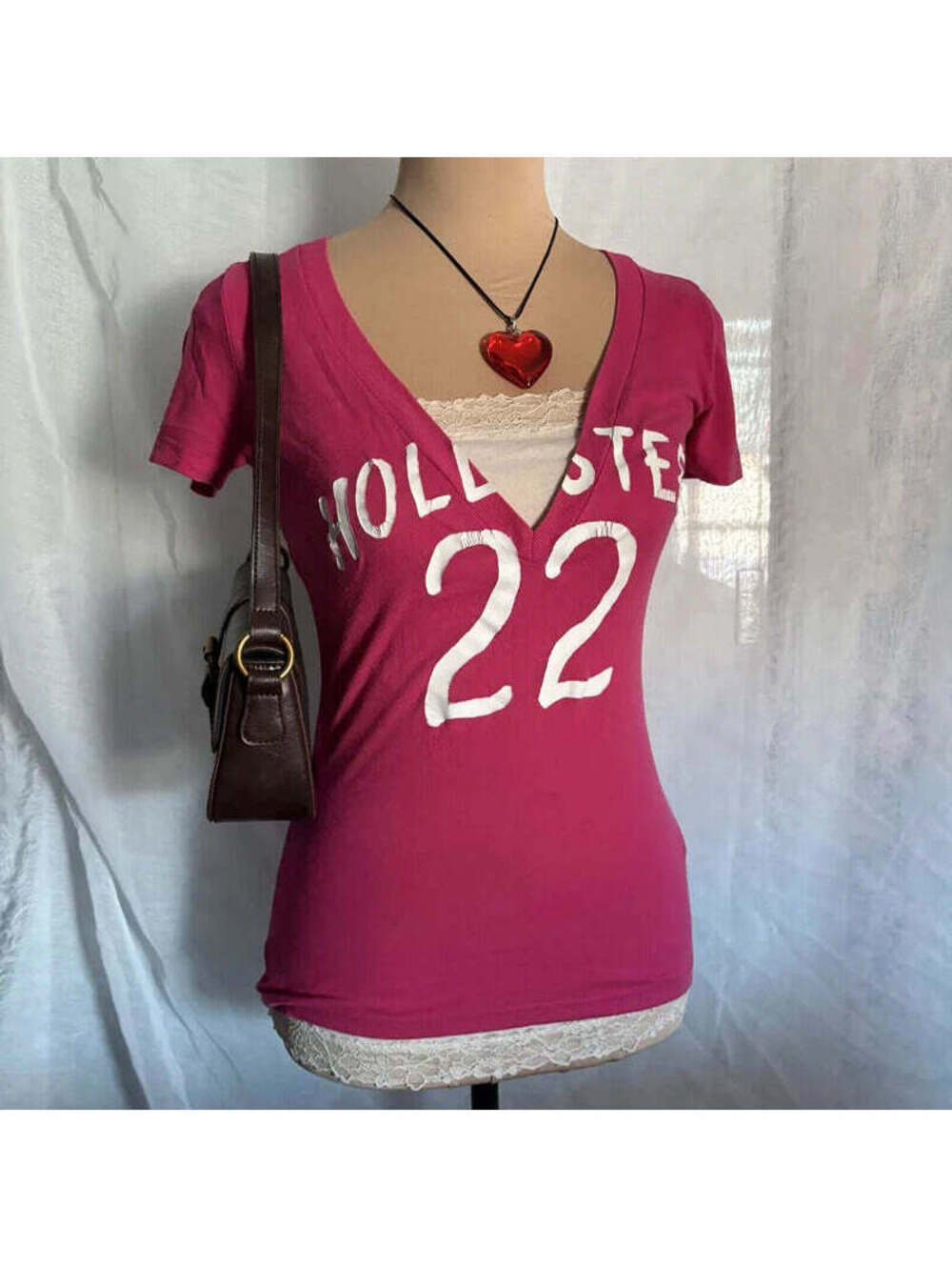 vintage y2k pink hollister fitted v-neck graphic tee